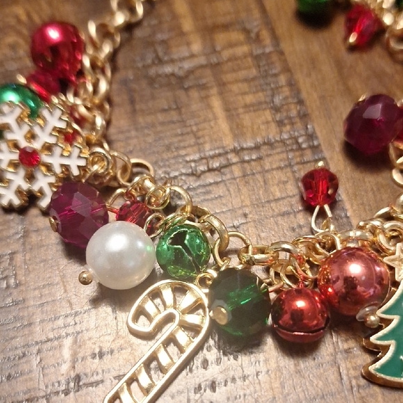 Festive Gold Charm Bracelet with Red and Green Accents And Bells - Picture 3 of 5